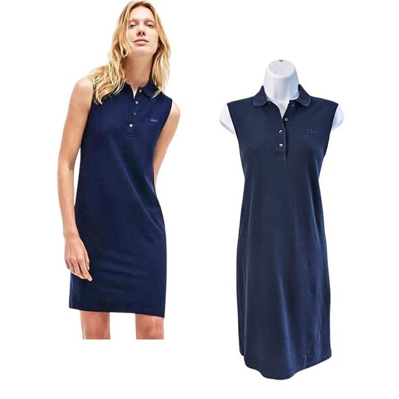 NWOT LACOSTE Navy 100% Cotton Micro Piqué Sleeveless Polo Mini Dress Size 34/S - Picture 1 of 9